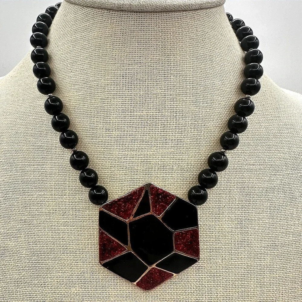 Vintage 80s‎ Hexagon Statement Necklace Black Red Glitter Enamel Fashion Jewelry